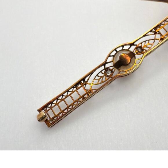 Antique Art Deco 14K Gold Filigree Bar Pin Brooch with Pearl & Diamonds c. 1920s - Picture 7 of 10